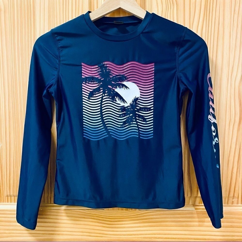 Old Navy navy blue long sleeve rashguard California palm tree design swim shirt